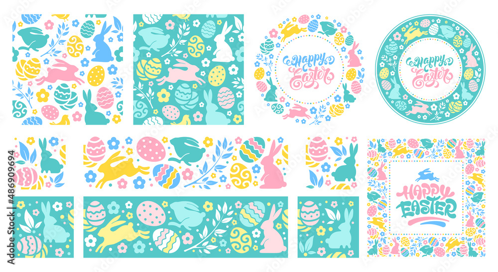 Set of seamless patterns, frames and borders for Easter celebration. Cute design elements with bunny, coloured eggs and flowers for festive greetings, banners, flyers etc. Vector illustration.