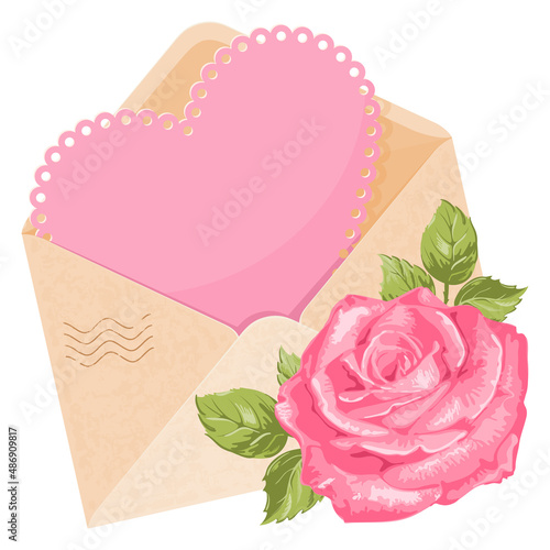 Congratulation on Valentine's Day, valentine or romantic love letter. Card in heart shape with space for text, in open envelope and decorated with beautiful flower rose. Vector illustration.