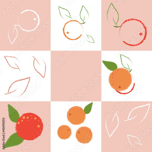 Vector geometric pattern coral color rectangles and citrus fruits with leaves.