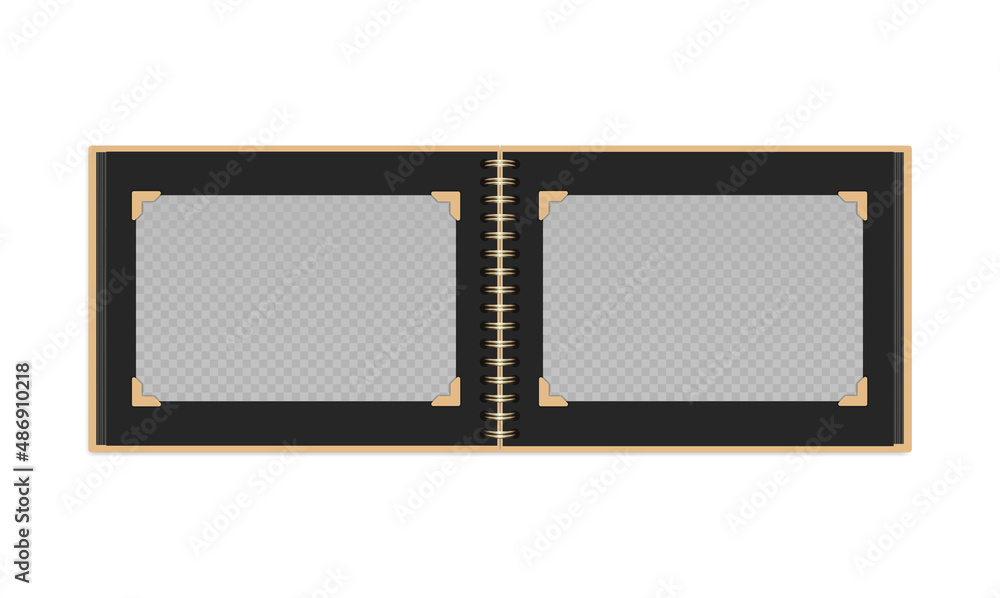 Open horizontal photo album with black pages and space for two photos