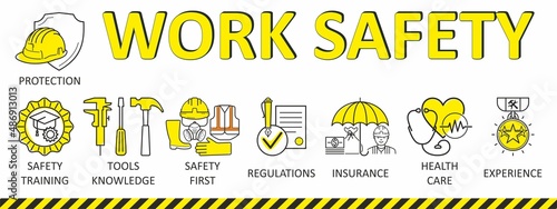 Work Safety Banner with icon. Work Safety Concept. First secure rules. Health protection, personal security people on job.