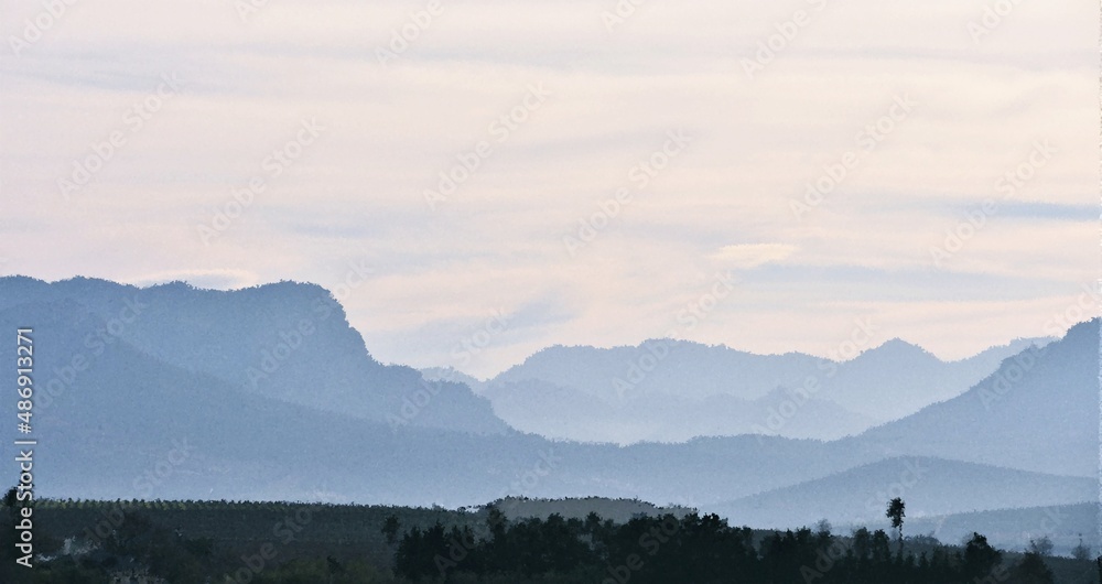 Landscape with the Hottentots Holland Mountains in the Cape Winelands Impression