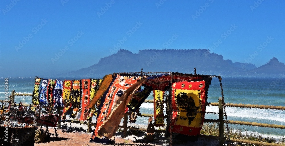 Landscape with an African market and Table Mountain across the sea Impression