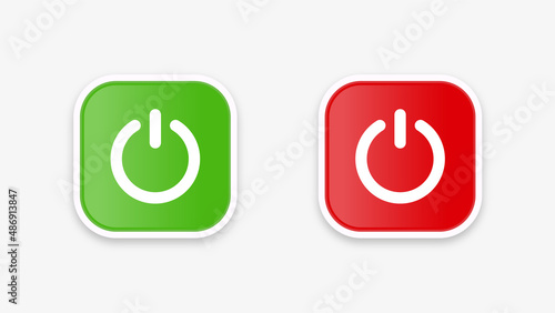 Power icon button with turn on and off buttons in modern frame and shut down switch power icons in round square buttons in red and green colors