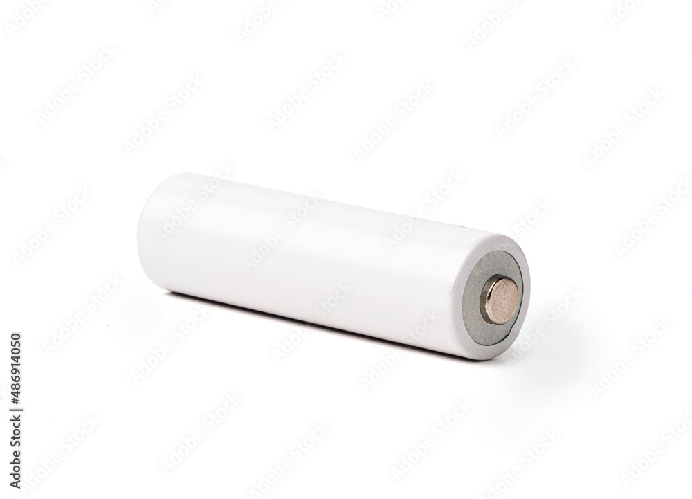 Isolated of one white alkaline battery AA size on white background with clipping path , Carbon zinc for one time use and rechargeable battery , Clipping path. Isolated of one white alkaline battery AA size on white background with clipping path , Carbon zinc for one time use and rechargeable battery , Clipping path.