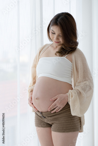 Portrait of Asian Pregnant Woman Touching Belly and Standing by Window Free Download Portrait of Asian Pregnant Woman Touching Belly and Standing by Window - GFXLoad