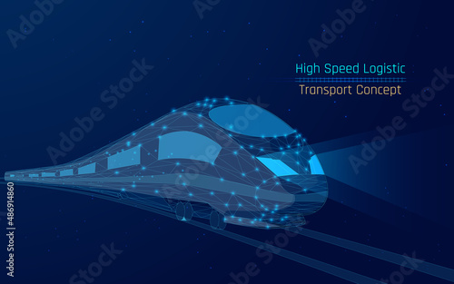modern high-speed train, passenger travel concept, cargo delivery, moving between countries on the tycoon's railroad. modern and future logistics technologies .wireframe, plexus,vector, dark-blue bg
