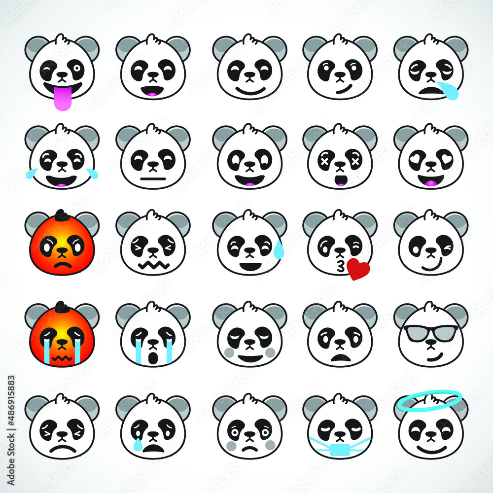Funny panda set of emoticon smile icons. Cute panda Cartoon emoji set. Vector emoticon set