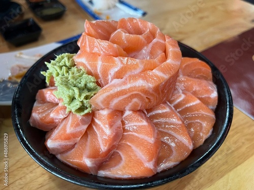 Salmon Sashimi in Japanese Buffet Menu Fresh salmon fillet, sashimi set, Japanese restaurant Asian food menu seafood sashimi