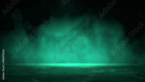Mystical video with smoke flying over the asphalt is illuminated with multicolored neon light. Dark city street. Night scene with neon light. Seamless background, animation loop stock video.