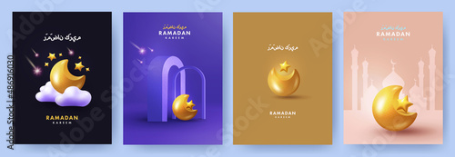 Ramadan Kareem Set of creative posters, cards, banners, holiday covers. Arabic text translation Ramadan Kareem. Modern 3d design with religious symbol crescent and stars in the clouds, arches, mosque
