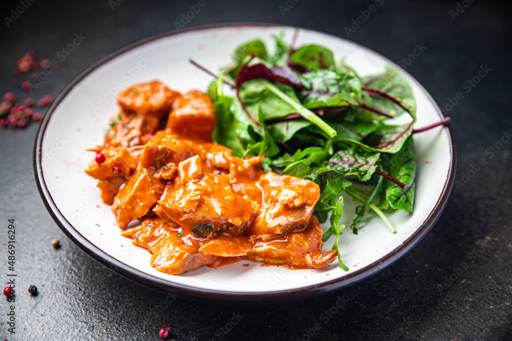 Fototapeta premium stewed meat tomato sauce pork beef chicken fresh dietary healthy meal food diet snack on the table copy space food background