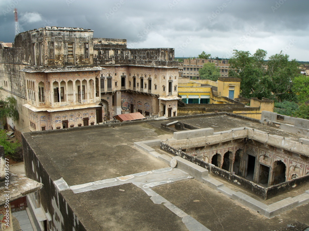 Mandawa, Rajasthan, India, August 11, 2011: Large rooftop of an ancient palace or haveli in Mandawa, Rajasthan, India
