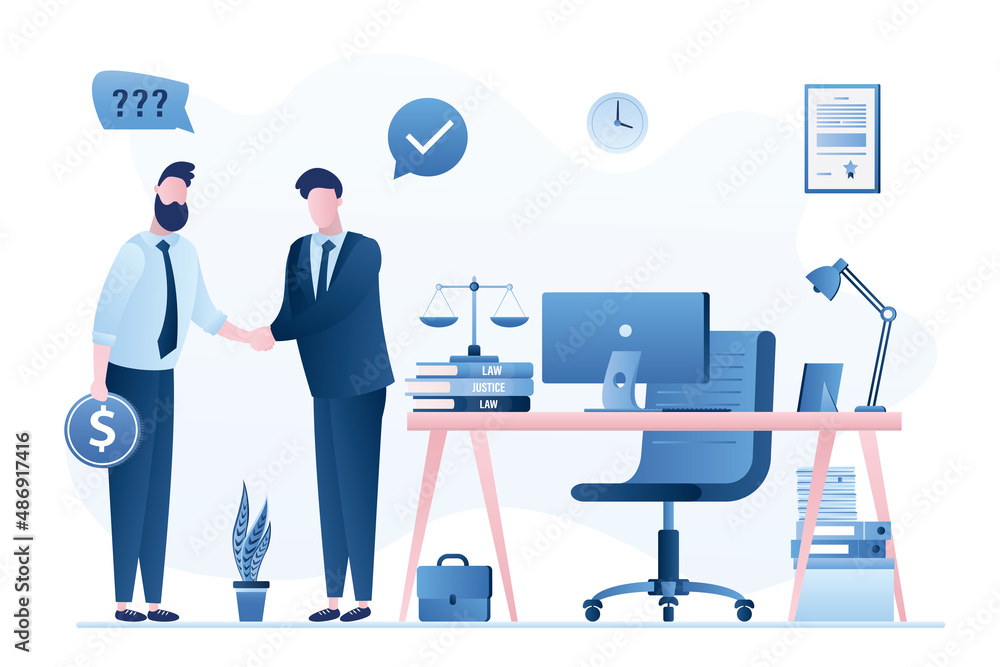 Client shakes hands with lawyer, payment. Law and justice, banner. Legal advice services. Office room, workplace. Advocate consultation. Judicial system, Jurisprudence.