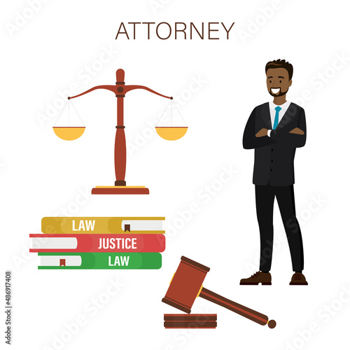 Set of law and justice elements. Legal advice services. Confident african american lawyer with scale, hammer and lawbooks. Successful male notary or attorney. Legal consultation.