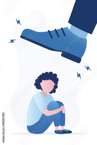 Psychological pressure on teenager. Unhappy girl sits. Large foot in boot over the child. Mental problems. Tired schoolgirl. Bullying and abuse in school or family.