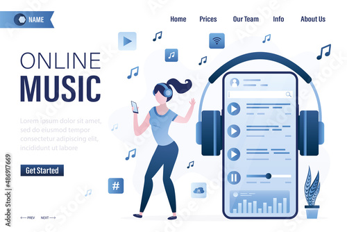 Online music, landing page template. Woman wearing headphones, enjoying playlist, listening to music on smartphone. Entertainment, audio app, multimedia content. Female character dancing.