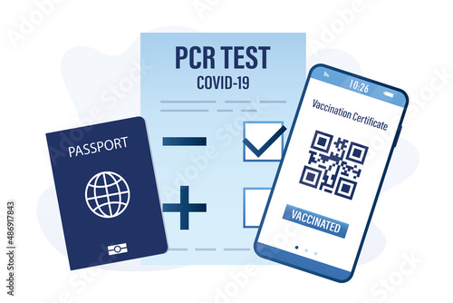 Foreign passport, negative PCR test for coronavirus.Smartphone with QR code, vaccination  certificate. New rules for trips, travel, communication. Control technology. Covid-19 prevention.