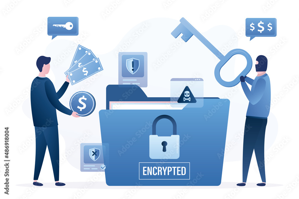Ransomware, concept. Hacker anonymous holds key and demands money. User give money. Big folder with encrypted data. Padlock on files after hacker attack. Network piracy danger. Ransomware, concept. Hacker anonymous holds key and demands money. User give money. Big folder with encrypted data. Padlock on files after hacker attack. Network piracy danger.