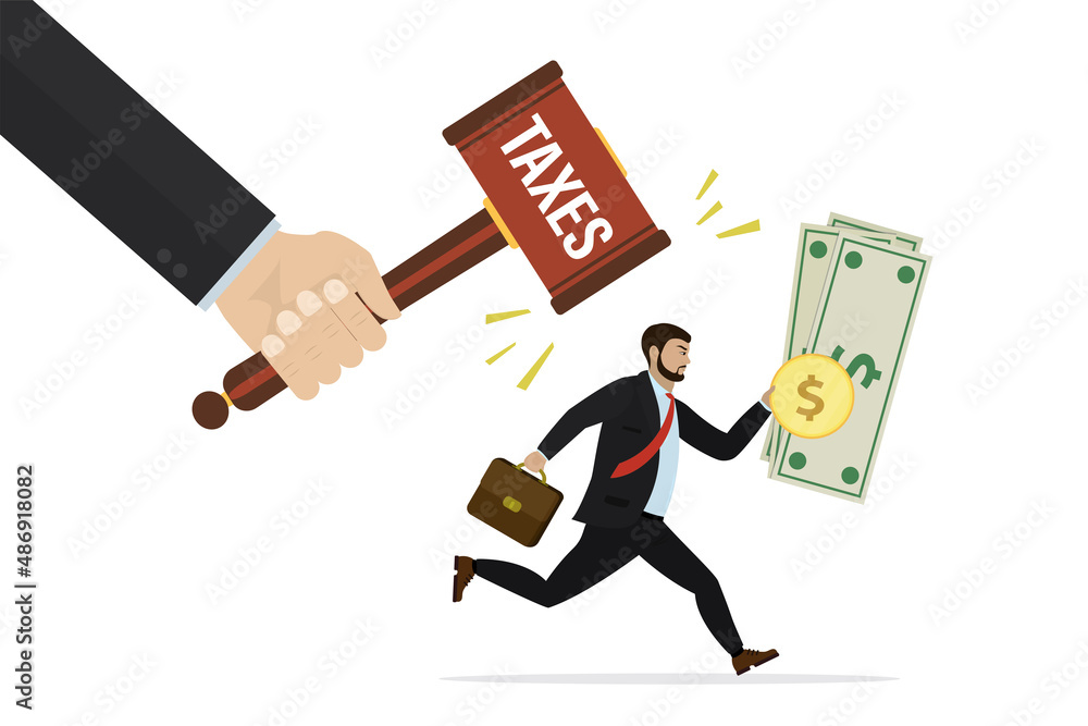 Businessman resists introduction of new taxes, fines. Hand beats with hammer with text - taxes. Entrepreneur does not want to give away profit. Excessive financial burden, Businessman resists introduction of new taxes, fines. Hand beats with hammer with text - taxes. Entrepreneur does not want to give away profit. Excessive financial burden,