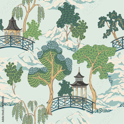 Chinoiserie vintage landscape seamless pattern. Chinese pagoda, bridge, tree, mountain wallpaper.