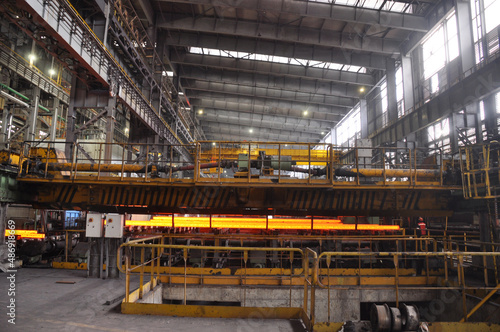 continuous casting machine. Steel production in a hot shop. steel shop