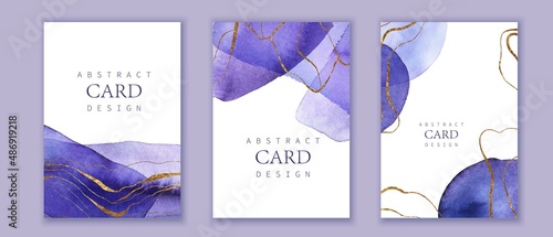 Set of vertical backgrounds. Blue, violet watercolor fluid painting vector design. Golden shiny lines.