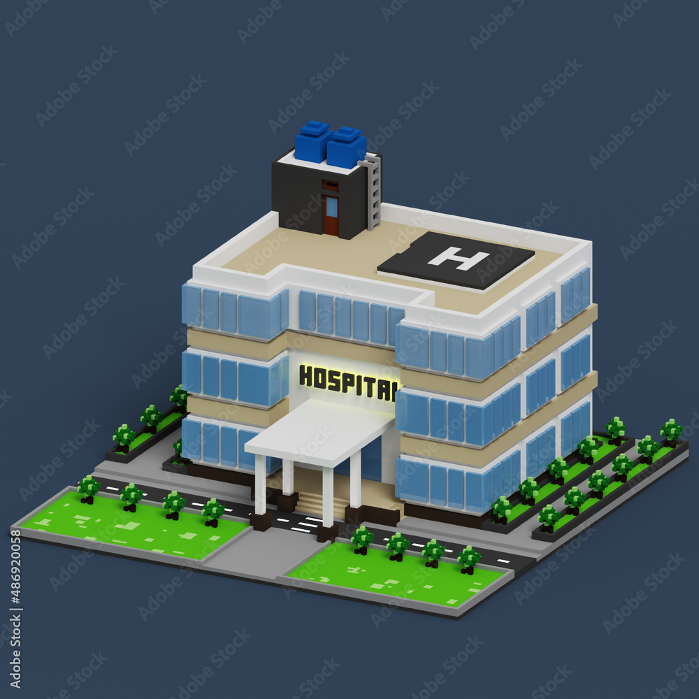 3D voxel rendering background of hospital building with white, blue, black, green and beige color scheme. Perfect for banner of hospital campaign program