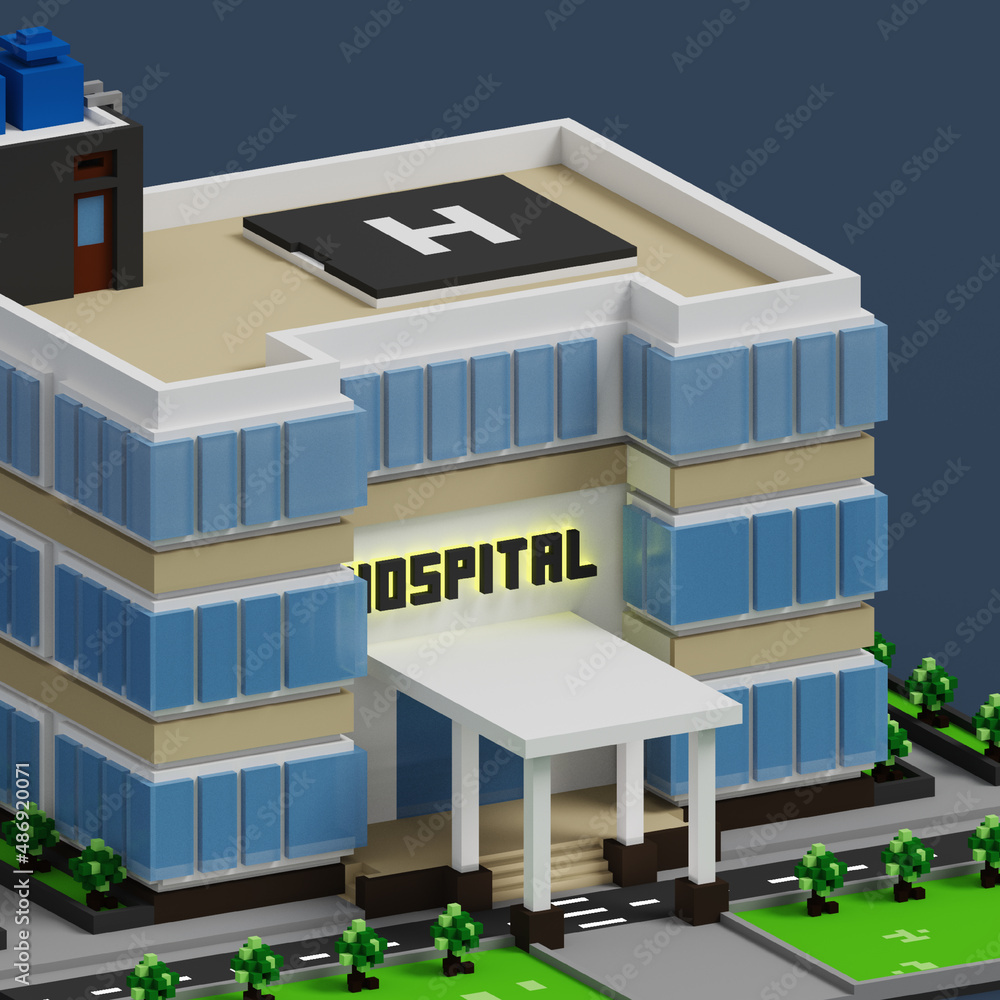 3D voxel rendering background of hospital building with white, blue, black, green and beige color scheme. Perfect for banner of hospital campaign program 3D voxel rendering background of hospital building with white, blue, black, green and beige color scheme. Perfect for banner of hospital campaign program