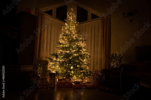Weihnachtsbaum im dunklen Wohnzimmer