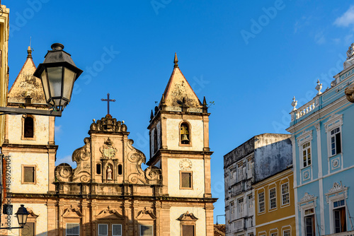 Facade of old and historic churches and houses in colonial and baroque style in the tourist center of Pelourinho, city of Salvador, Bahia