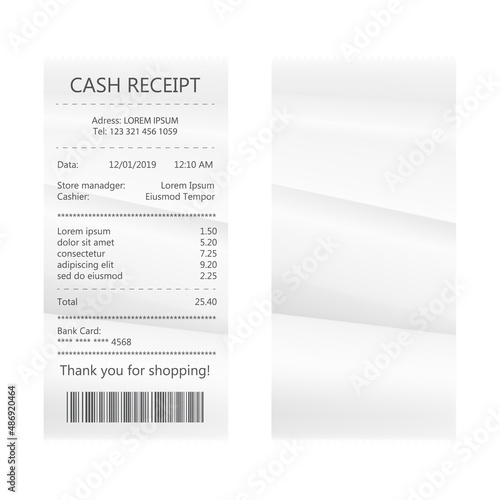 Shop reciept, retail ticket isolated object, financial atm bill, cash dispenser financial invoice. Buying financial invoice bill purchasing calculate pay vector isolated. Realistic receipt collection