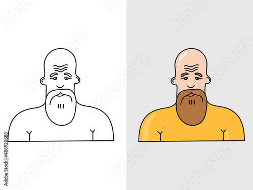 Portrait of a bald man with a beard. Linear and flat vector illustration.