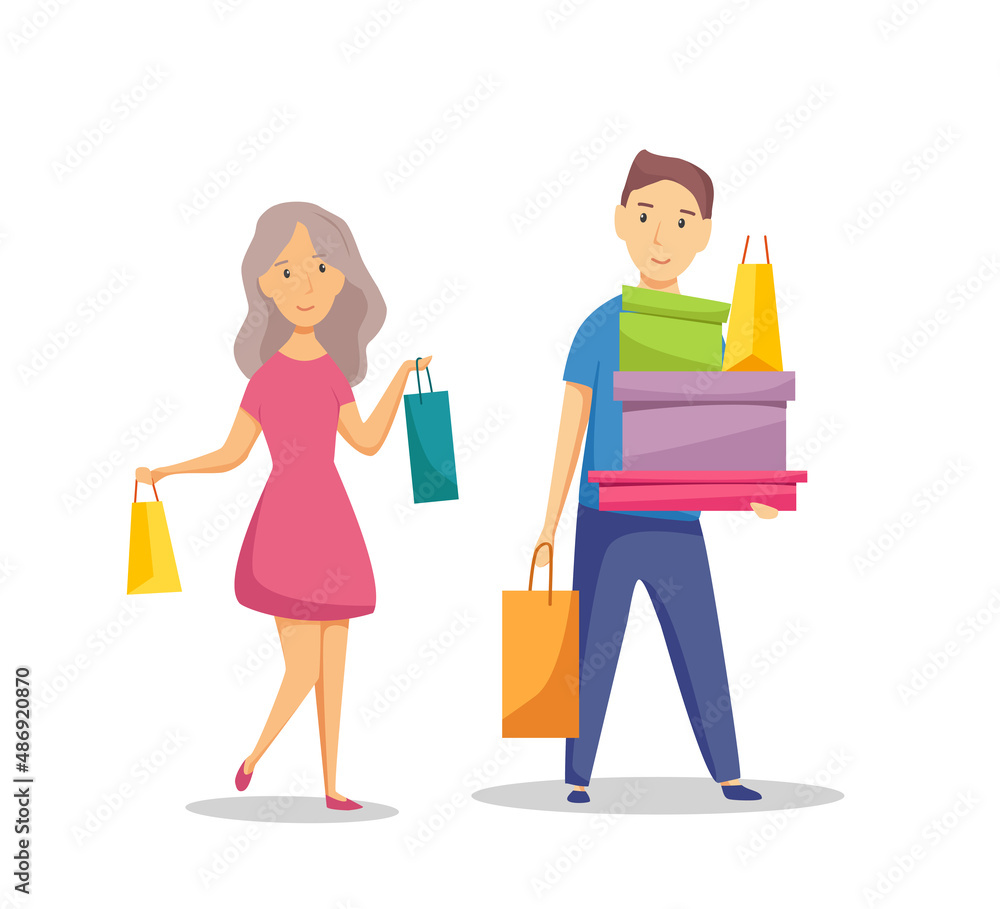 Happy married couple with purchases. Man and woman with bags. Big sale. Vector cartoon illustration Happy married couple with purchases. Man and woman with bags. Big sale. Vector cartoon illustration