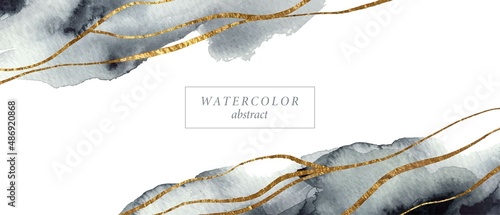 Abstract watercolor background, frame in white, black, grey. Golden lines, waves. Monochrome soft washes.