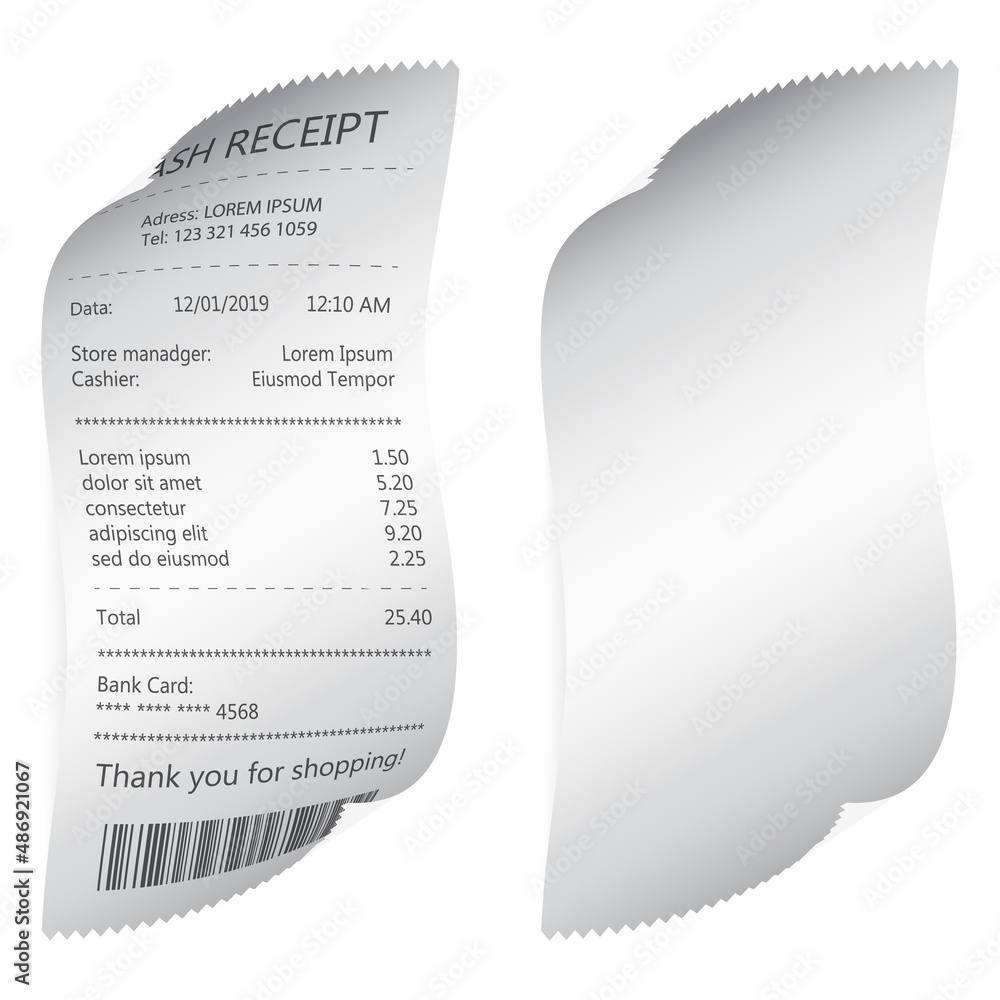 Naklejka premium Shop reciept, retail ticket isolated object, financial atm bill, cash dispenser financial invoice. Buying financial invoice bill purchasing calculate pay vector isolated. Realistic receipt collection