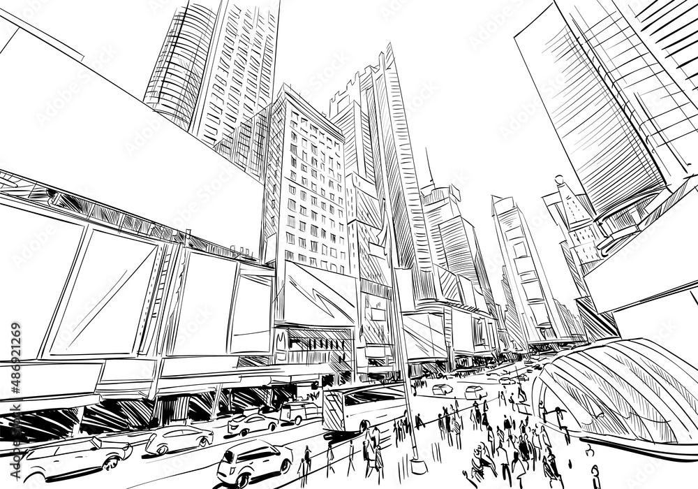 New York. USA. Hand drawn city. Urban sketch. Unusual perspectives. Vector illustration.