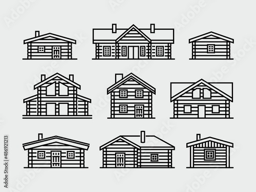Wooden Log House Vector Line Icons