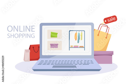 Online order via laptop. Shopping app, online store. Vector cartoon