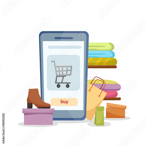 Online order by phone. Shopping app, e-shop. Vector illustration of phone, clothes on shelves, bags and shoes for poster, banner, flyer and presentation