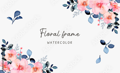 Pink blue floral frame background with watercolor