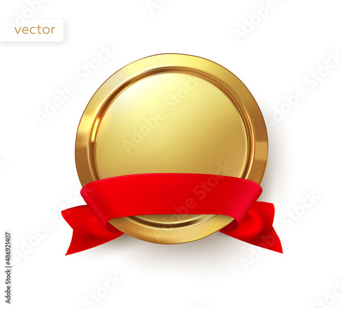 Gold award with red ribbon. Award, trophy, prize as medal. Game win. Vector realistic illustration.