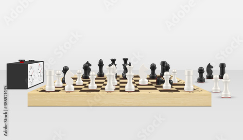 Realistic game of chess challenge on wooden board with timer watch vector illustration