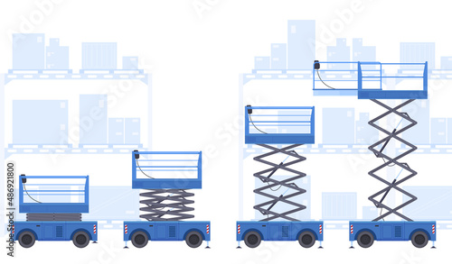 Collection various mechanical lifts scissors platform with basket industrial working at warehouse