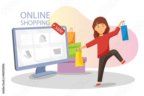 Online shopping concept. Website on the monitor. Happy shopping girl. Marketing and digital marketing. Online store. Vector cartoon illustration