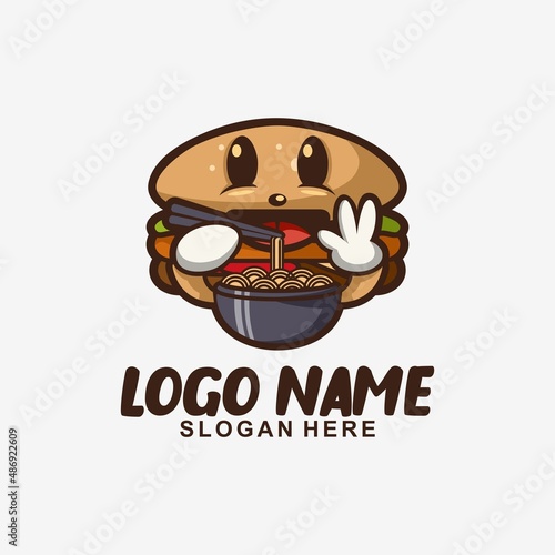 burger is eating ramen art logo design