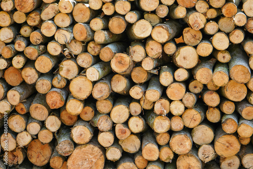 Pile of wood from logging forests to be used as raw materials for furniture. Piles of round and square wood form patterns and textures.