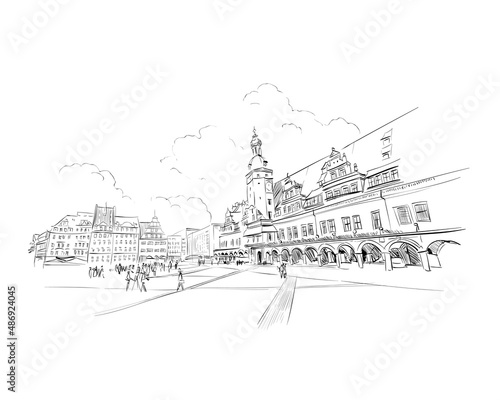 Leipzig Museum of History Leipzig. Germany. Urban sketch. Hand drawn vector illustration