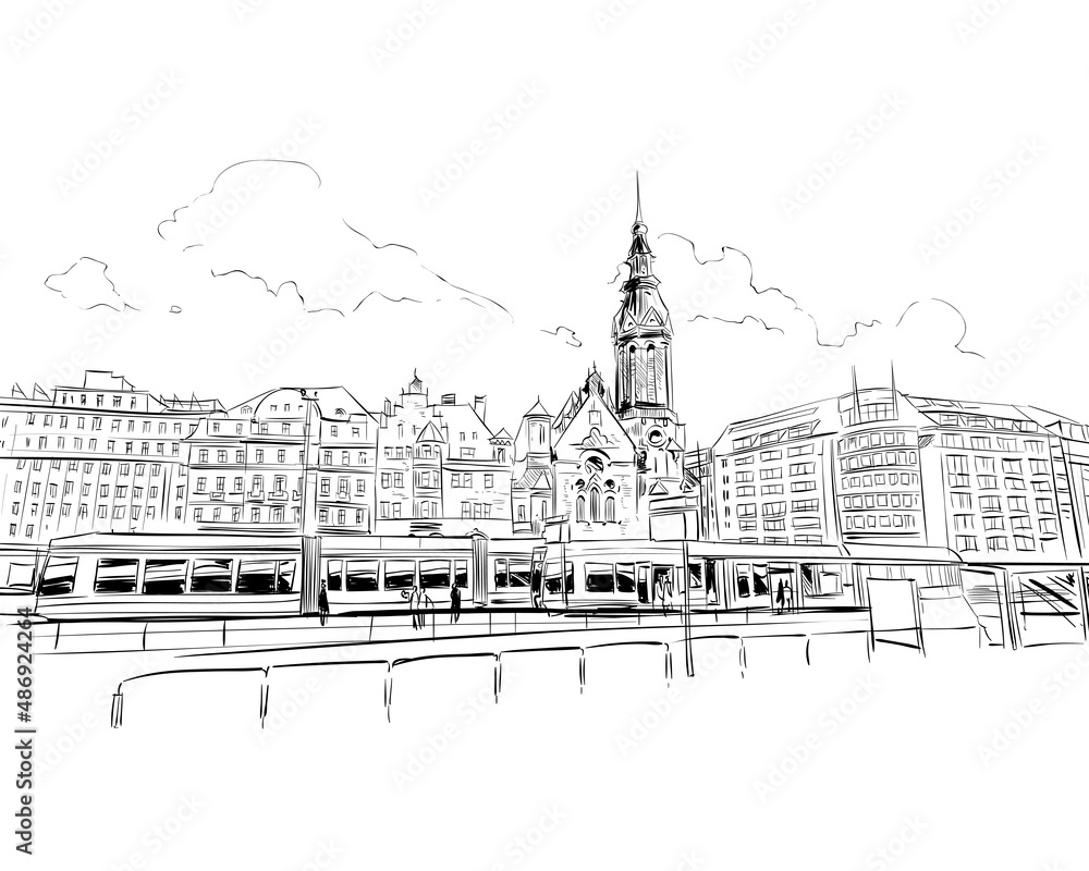 Leipzig. Germany.  Urban sketch. Hand drawn vector illustration