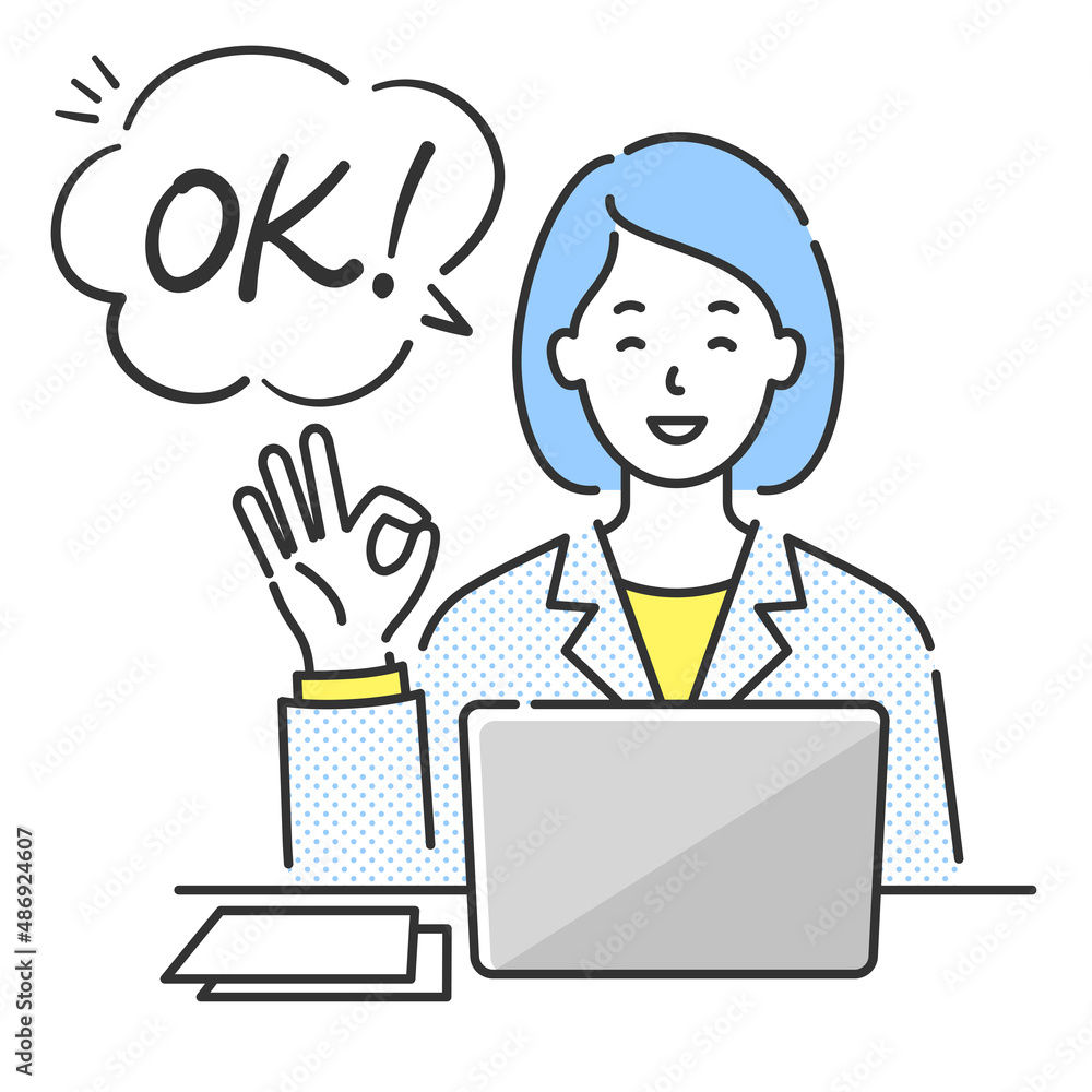 ノートパソコンの前に座ってOKサインを出す若い女性の上半身イラストと吹き出し ノートパソコンの前に座ってOKサインを出す若い女性の上半身イラストと吹き出し